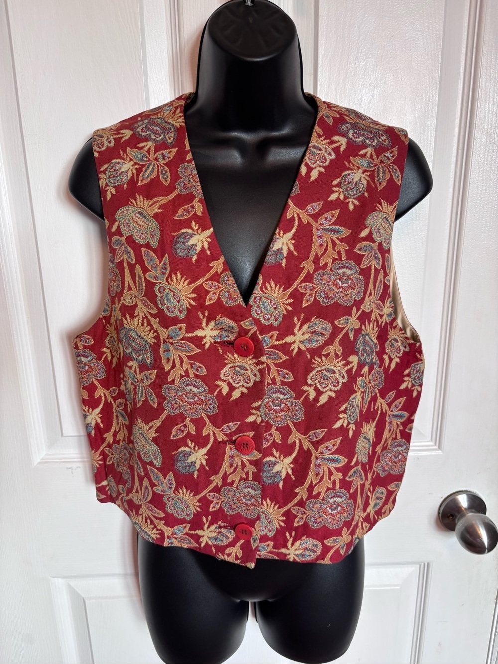 Vintage Ann Taylor Floral Tapestry Vest Medium Made in USA Rayon Waistcoat 90s
